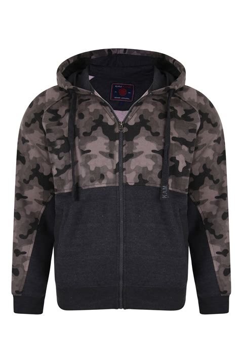 Kam Charcoal Grey Camo Colour Block Zip Through Hoodie Badrhino