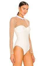 Fleur Du Mal Collared Bodysuit With Dotted Tulle In Ivory REVOLVE