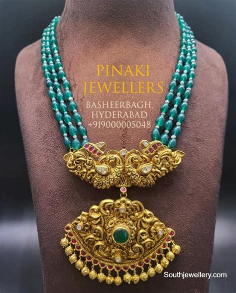 Emerald Beads Necklace With Nakshi Peacock Pendant