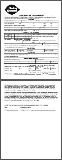 Free Printable Dairy Queen Job Application