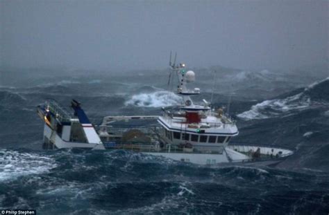 North Sea Trawlermen Fishing Boat Battered By Waves As Brave Crew