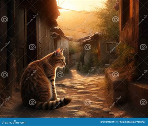 Lazy Cat Wandering In Village At Sunset Stock Illustration