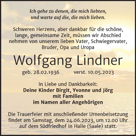 Traueranzeigen Von Wolfgang Lindner Abschied Nehmen De