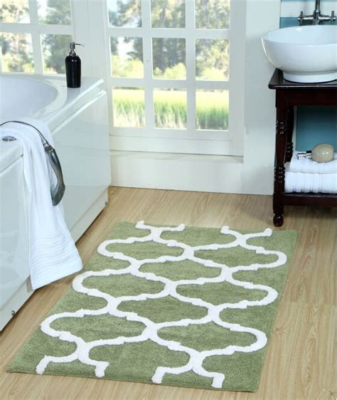 Bath Rug Saffron Fabs 50x30 Inches Sage Greenwhite Geometric Cotton