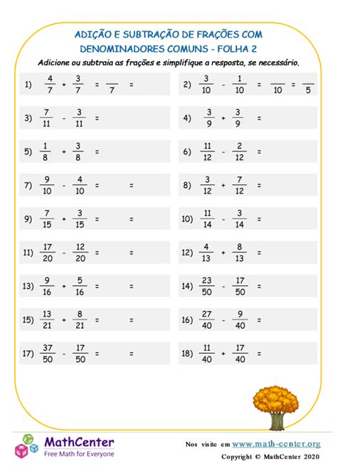 Quinto Ano Planilhas Adi O E Subtra O De Fra Es Math Center