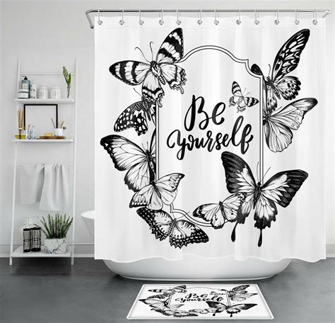 Retro Butterfly Shower Curtain Set Monochromatic Insect Art For Your