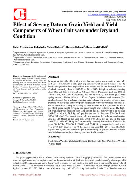 Pdf Effect Of Sowing Date On Grain Yield And Yield Components Of