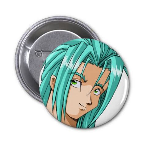 An Anime Character With Blue Hair And Green Eyes Pinback Buttons Are On