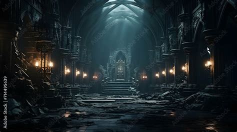 Majestic gothic dark fantasy castle hall with throne and torches ...