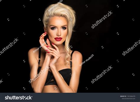 Sexy Blonde Woman Black Lingerie Red Stock Photo Shutterstock