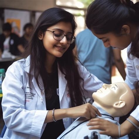 Una estudiante universitaria de enfermería india que lleva una bata