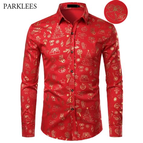 Red Mens Christmas Shirt Casual Slim Fit Xmas T Print Mens Dress Shirts Long Sleeve Button