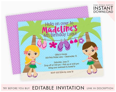 Luau Birthday Invitation, Luau Invitation Instant Download, Party ...