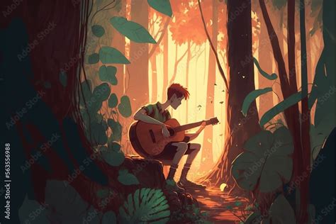 Sad Man Playing Guitar Alone Un A Forest Under Tree Illustration