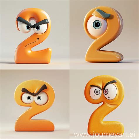 Symmetrical Pixar Animation Angry Number Two with Big Eyes in Side View | JourneyArt