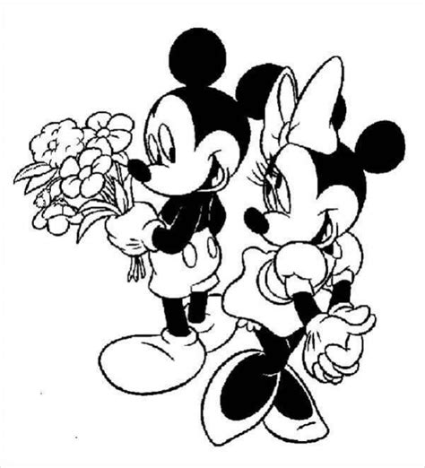 Topolino Con In Mano Un Mazzo Di Fiori E Minnie Da Colorare Scarica