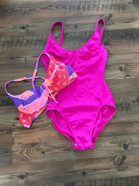 Vintage Swimsuit Set Pink One Piece Swim Suit And Boho Bikini Top 36C