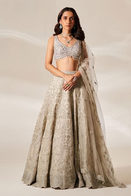 Buy Beige Organza Embroidery Sequin Leaf Neck Amelia Bridal Lehenga Set