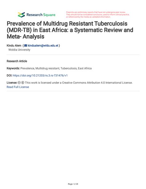 Pdf Prevalence Of Multidrug Resistant Tuberculosis Mdr Tb In East