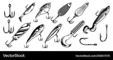 Vintage Fishing Lures Monochrome Set Royalty Free Vector