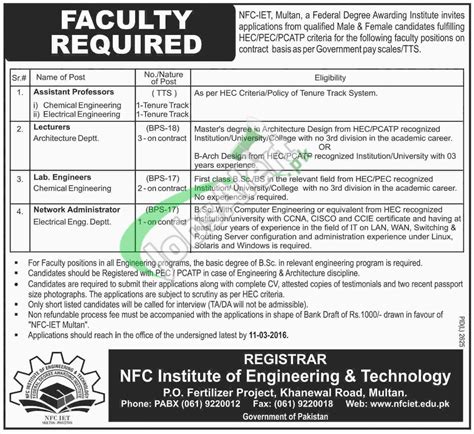 Nfc Iet Multan Jobs Assistant Professor Lecturers