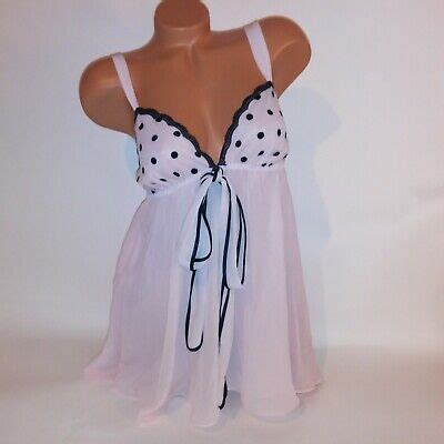 Cinema Etoile Lingerie Set Babydoll Panty Medium Pink Black Polka Dots Sheer EBay