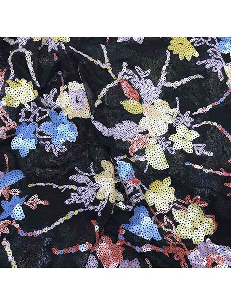 Black Lycra Net Fabric With Floral Multicolor Sequins Embroidery