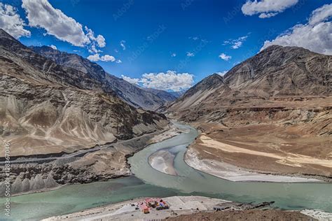 Confluence Of Zanskar And Indus Rivers Leh Ladakh India Stock Photo