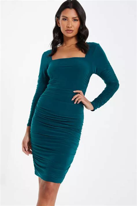 Teal Ruched Long Sleeve Midi Dress Quiz Clothing