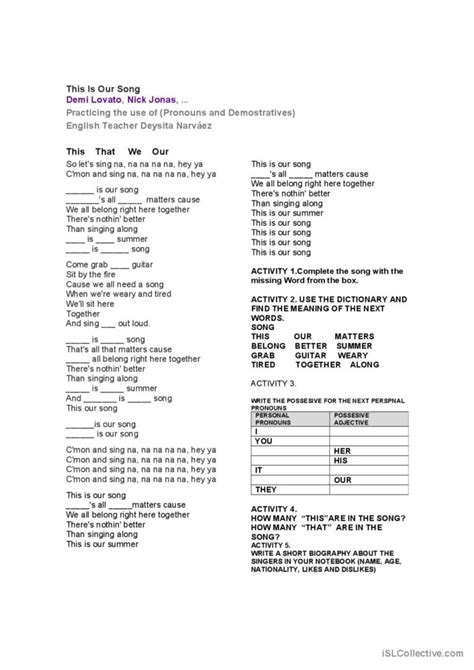 "THIS IS OUR SONG" CAMP ROCK 2 WORKS…: English ESL worksheets pdf & doc