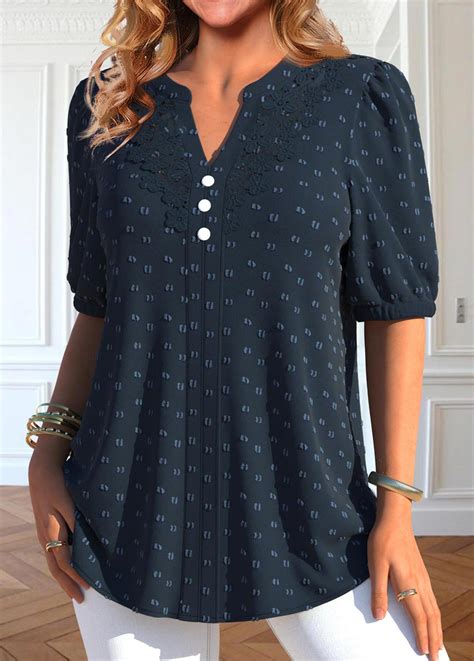 Navy Button Short Sleeve Split Neck Blouse Usd 35 98