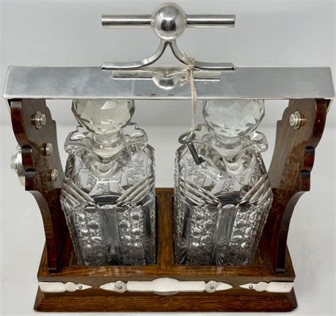 Antique English Silver Plate Oak And Cut Crystal 2 Bottle Tantalus Circa 1890 For Sale At 1stdibs