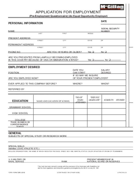 Fillable Online Application For Employment Pre Employment Questionnaire