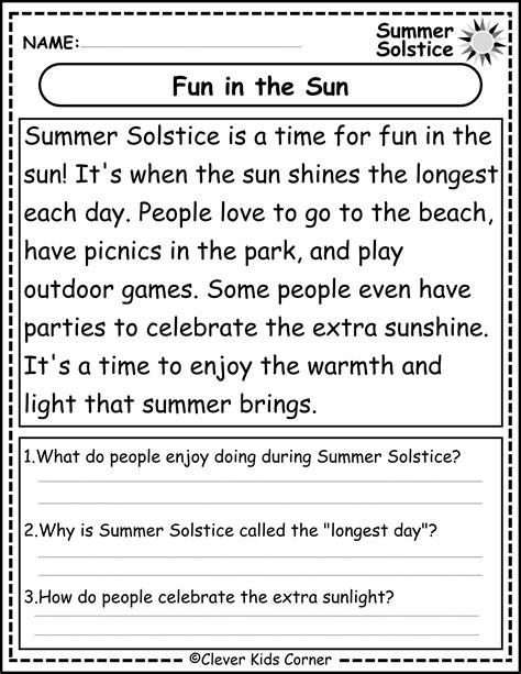 Solution Summer Solstice Reading Comprehension Passages For K 2