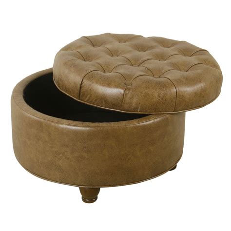 Large Tufted Round Storage Ottoman Distressed Brown Faux Leather