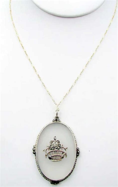 Vintage Sterling Camphor Glass Marcasite Pendant Neck Gem