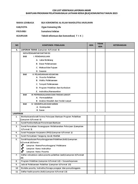 cek list verifikasi laporan pelatihan