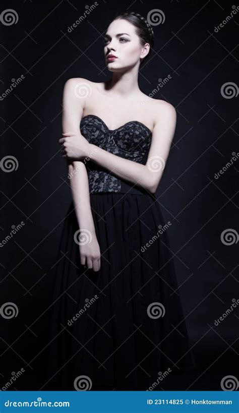 Brunette Woman In Elegant Black Dress Stock Image Image Of Look