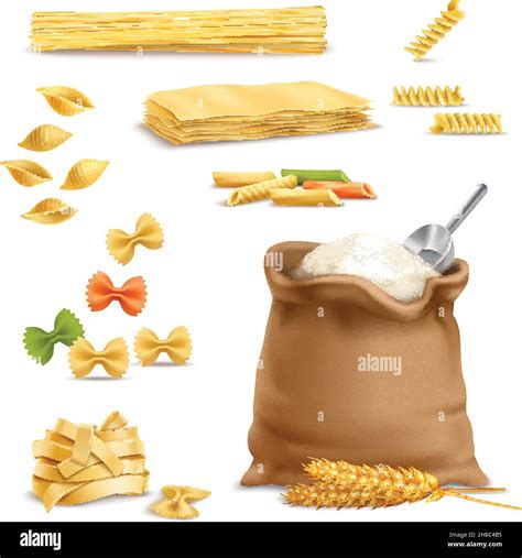 Set Of Realistic Icons With Pasta Wheat Spikelets Sack Of Flour With