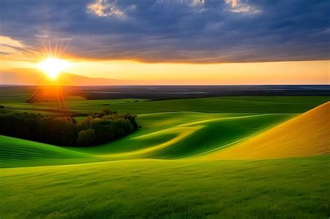 Premium AI Image | Mesmerizing scenery of a green landscape at sunset ...