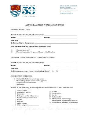 Fillable Online Alumni Awards Nomination Form Burgmann College