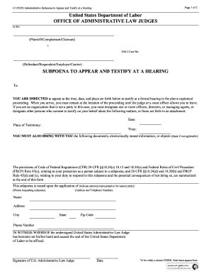 Subpoena To Appear And Testify At Hearing OALJ Pdf Fill And Sign