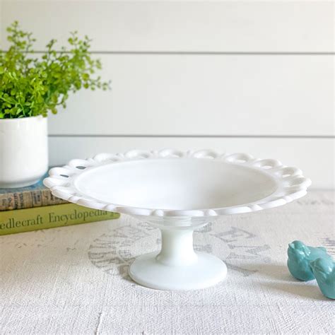 Vintage Milk Glass Open Lace Edge Compote White Glass Scalloped Edge