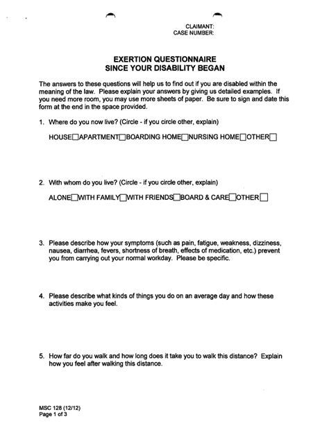 Exertion Questionnaire Since Your Disability Began Form Fill Out And