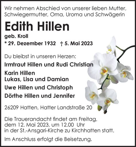 Traueranzeigen Von Edith Hillen Nordwest Trauer De