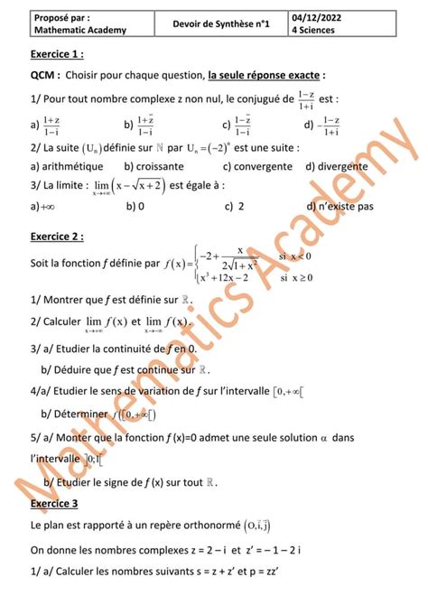 Bac Sc Exp Rimentales Math Bac Sciences Devoir De Synth Se N