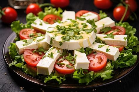 Premium Photo Close Up Italian Caprese Salad With Ripe Tomatoes Pesto