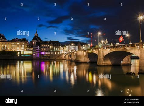 Middle bridge over the river Rhine in Basel, Switzerland, illuminated ...