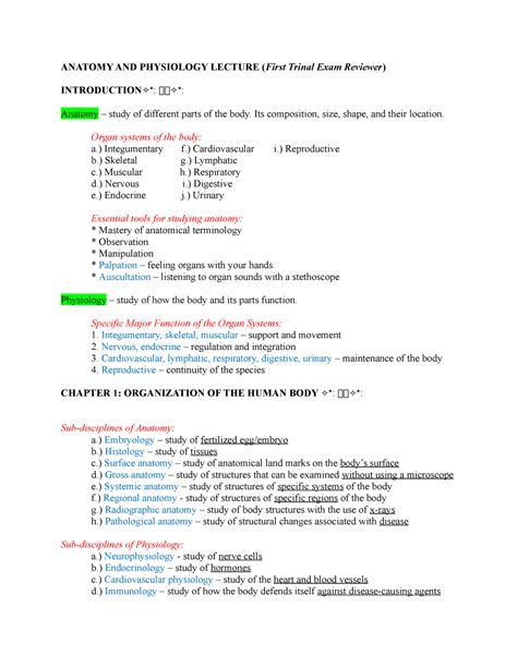 Anaphy LEC Reviewer ANATOMY AND PHYSIOLOGY LECTURE First Trinal Exam