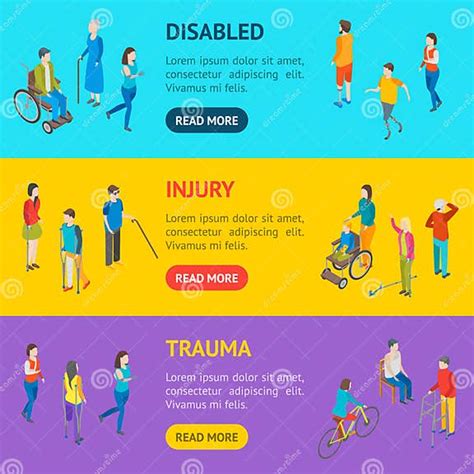 Isometric Disabled People Characters Banner Horizontal Set Vector Stock Vector Illustration